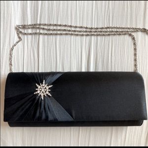Black satin crossbody chain clutch